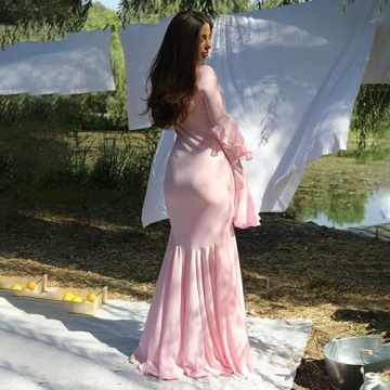 Elegant Women's Pink Long Dress with Lace Sleeves
