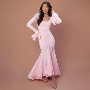 Elegant Women's Pink Long Dress with Lace Sleeves