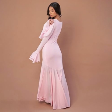 Elegant Women's Pink Long Dress with Lace Sleeves