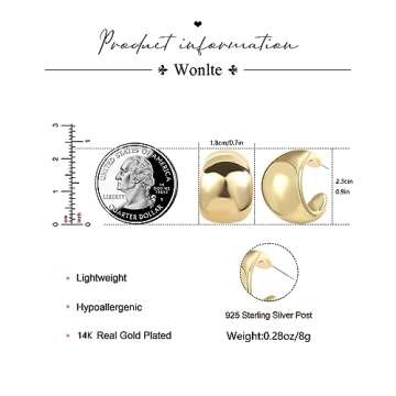 Wonlte Chunky Gold Hoop Earrings for Women, 14K Gold Plated Thick Hoop Earrings Lightweight Hollow Open Hoops Hypoallergenic Earrings Fashion Jewelry for Women (G)