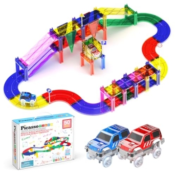 PicassoTiles 50 Piece Race Car Track Building Block Educational Toy Set Magnetic Tiles Magnet DIY Pl...