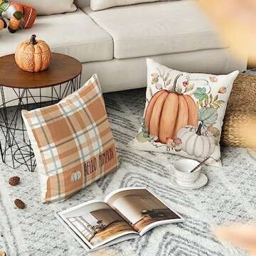 AVOIN colorlife Hello Fall Hello Pumpkin Throw Pillow Covers, 18 x 18 Inch Autumn Thanksgiving Harvest Orange Eucalyptus Decorations for Sofa Couch Set of 4
