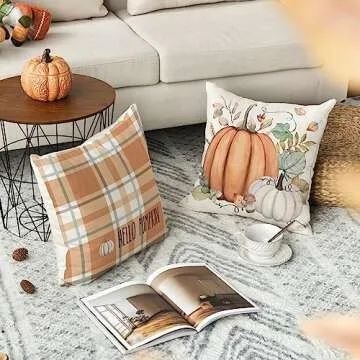 AVOIN colorlife Hello Fall Hello Pumpkin Throw Pillow Covers, 18 x 18 Inch Autumn Thanksgiving Harvest Orange Eucalyptus Decorations for Sofa Couch Set of 4