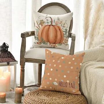 AVOIN colorlife Hello Fall Hello Pumpkin Throw Pillow Covers, 18 x 18 Inch Autumn Thanksgiving Harvest Orange Eucalyptus Decorations for Sofa Couch Set of 4