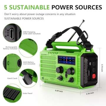 Emergency Weather Radio, 5 Ways Powered Crank Solar Radio, Portable AM/FM/SW/NOAA Weather Radio Battery Operated with Cellphone Charger, Camping Flashlight, Reading Lamp, SOS Alarm for Home Outdoor