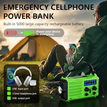 Emergency Weather Radio, 5 Ways Powered Crank Solar Radio, Portable AM/FM/SW/NOAA Weather Radio Battery Operated with Cellphone Charger, Camping Flashlight, Reading Lamp, SOS Alarm for Home Outdoor