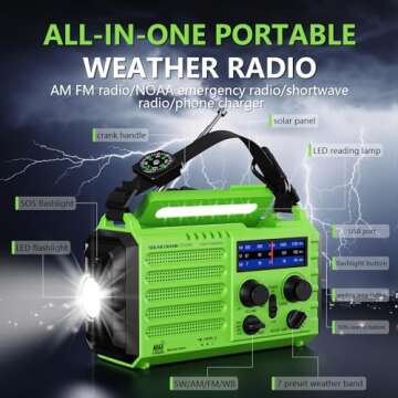Emergency Weather Radio, 5 Ways Powered Crank Solar Radio, Portable AM/FM/SW/NOAA Weather Radio Battery Operated with Cellphone Charger, Camping Flashlight, Reading Lamp, SOS Alarm for Home Outdoor