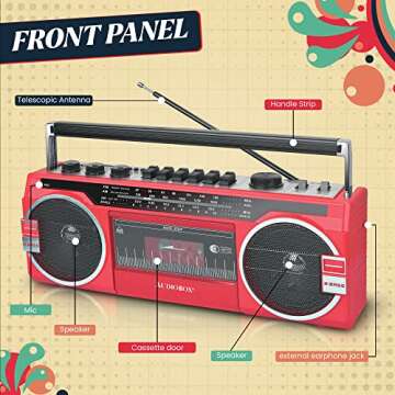 AudioBox RXC-25BT Retrobox 2 Way Speaker System Boombox w/Bluetooth Connectivity, AM/FM/SW, USB and SD Card Connection, & Cassette Player, Red