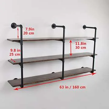 MBQQ Industrial Retro Pipe Shelf 63in 3 Tier Wall Mounted,Rustic Floating Shelves,Farmhouse Kitchen ...