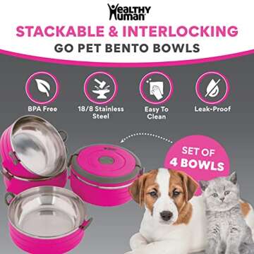 Healthy Human Travel Pet Bento Bowls - Human-Grade Stainless Steel & BPA-Free, Leak-Proof Water & Food Container Set for Dogs & Cats, 4-Pack Interlocking Bowls, Includes Spare Clips & Handle (Pink)