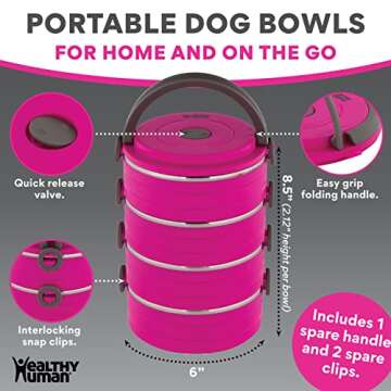 Healthy Human Travel Pet Bento Bowls - Human-Grade Stainless Steel & BPA-Free, Leak-Proof Water & Food Container Set for Dogs & Cats, 4-Pack Interlocking Bowls, Includes Spare Clips & Handle (Pink)