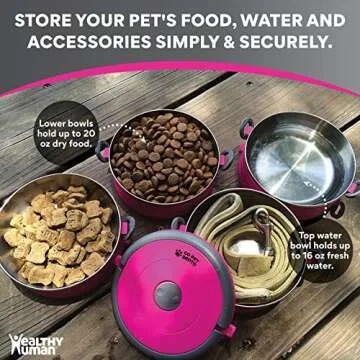 Healthy Human Travel Pet Bento Bowls - Human-Grade Stainless Steel & BPA-Free, Leak-Proof Water & Food Container Set for Dogs & Cats, 4-Pack Interlocking Bowls, Includes Spare Clips & Handle (Pink)