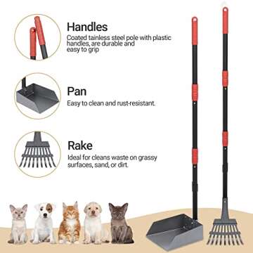 Heeyoo Dog Pooper Scooper, Dog Poop Tray and Rake Set, Pet Waste Removal Scoop with Long Adjustable ...