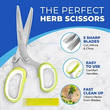 Jenaluca Herb Scissors with 5 Blades and Safety Cover - Salad Scissors - Cut, Chop & Mince Fresh Herbs & Leafy Greens - Stainless Steel Kitchen Shear Set with Cleaning Comb Kitchen Essential - Green