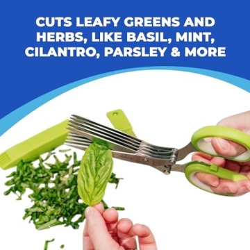 Jenaluca Herb Scissors with 5 Blades and Safety Cover - Salad Scissors - Cut, Chop & Mince Fresh Herbs & Leafy Greens - Stainless Steel Kitchen Shear Set with Cleaning Comb Kitchen Essential - Green