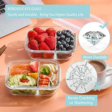 Bayco Glass Meal Prep Containers 2 Compartment, Glass Food Storage Containers with Lids, Airtight Glass Lunch Bento Boxes, BPA-Free & Leak Proof