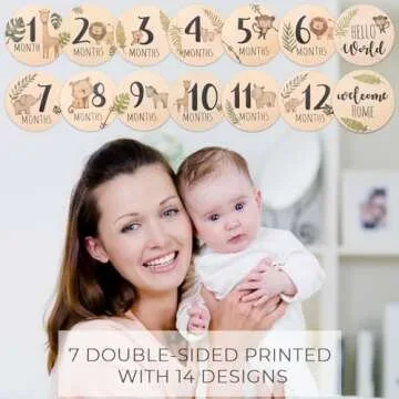 Baby Monthly Milestone Cards Sign - 7 Double Sided Animals Marker Wooden Circles Discs Newborn Photography Prop, Pregnancy Journey Birth Announcement Sign Baby Boy and Girl Gift Sets