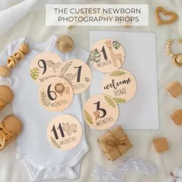 Baby Monthly Milestone Cards Sign - 7 Double Sided Animals Marker Wooden Circles Discs Newborn Photography Prop, Pregnancy Journey Birth Announcement Sign Baby Boy and Girl Gift Sets