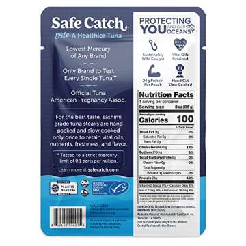 Safe Catch Elite Tuna Wild-Caught Lowest Mercury Tuna Fish Pouch Gluten-Free Keto Food Non-GMO Kosher Paleo-Friendly High Protein Snack, No Water Oil Tuna, Pack of 12 Tuna Pouches 3oz