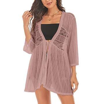 ZAFUL Kimonos for Women 3/4 Sleeve Loose Kimono Cardigan Open Front Beach Cover Up Pink XL