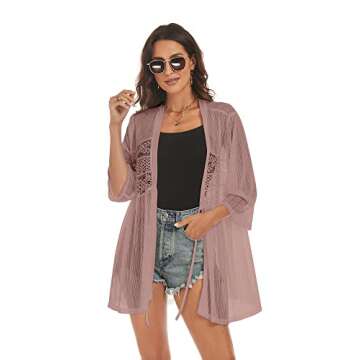 ZAFUL Kimonos for Women 3/4 Sleeve Loose Kimono Cardigan Open Front Beach Cover Up Pink XL