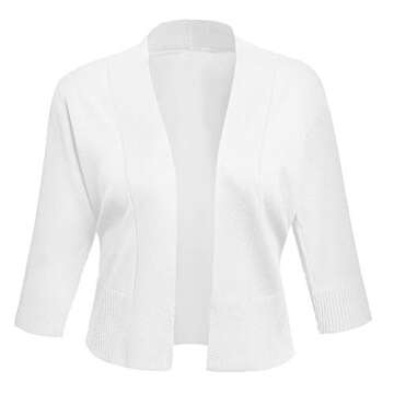 AAMILIFE Women's 3/4 Sleeve Cropped Cardigans Sweaters Jackets Open Front Short Shrugs for Dresses White L