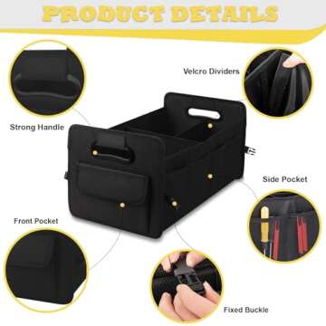 JiatuA Car Trunk Organizer, Car Organizers and Storage Collapsible Multi Compartment Container Box, Adjustable Car Accessories for SUV Sedan Truck, Standard Size, Black