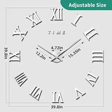 VREAONE Large 3D DIY Wall Clock, Giant Roman Numerals Clock Frameless Mirror Sticker Wall Clock Home Decoration for Living Room Bedroom(Silver)