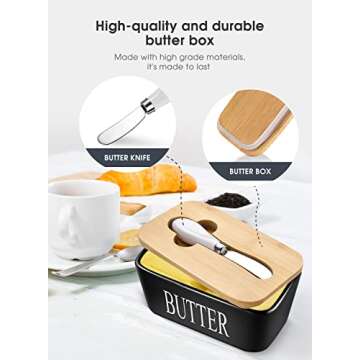 Butter Dish with Lid, Large Butter Dish for Countertop,Ceramic Butter Keeper Container with Knife and High-Quality Silicone Sealing Butter Dish for Home Decor Good Kitchen Gift Black