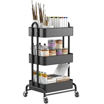 Ceayell 3-Tier Metal Rolling Storage Cart Heavy Duty Utility Cart Organizer with Lockable Wheels Bla...