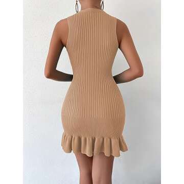 MakeMeChic Women's Sleeveless Sweater Dress Crochet Ribbed Knit Ruffle Hem Bodycon Mini Dresses Apri...