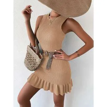 MakeMeChic Women's Sleeveless Sweater Dress Crochet Ribbed Knit Ruffle Hem Bodycon Mini Dresses Apricot S