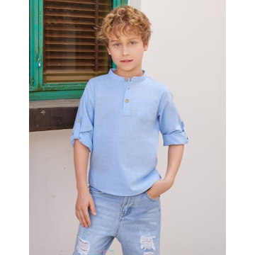Stylish Boys Cotton Linen Henley Shirt - Casual Comfort
