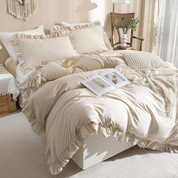 QSH 100% Cotton Queen Duvet Cover Set Ruffle Duvet Cover Linen Textured Farmhouse Shabby Vintage Chi...
