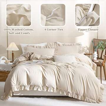 QSH 100% Cotton Queen Duvet Cover Set Ruffle Duvet Cover Linen Textured Farmhouse Shabby Vintage Chic Bedding Comforter Cover 3 Pieces Aesthetic French Country Queen Bed Set