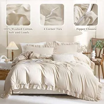 QSH 100% Cotton Queen Duvet Cover Set Ruffle Duvet Cover Linen Textured Farmhouse Shabby Vintage Chic Bedding Comforter Cover 3 Pieces Aesthetic French Country Queen Bed Set