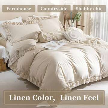 QSH 100% Cotton Queen Duvet Cover Set Ruffle Duvet Cover Linen Textured Farmhouse Shabby Vintage Chic Bedding Comforter Cover 3 Pieces Aesthetic French Country Queen Bed Set