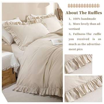 QSH 100% Cotton Queen Duvet Cover Set Ruffle Duvet Cover Linen Textured Farmhouse Shabby Vintage Chic Bedding Comforter Cover 3 Pieces Aesthetic French Country Queen Bed Set