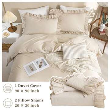 QSH 100% Cotton Queen Duvet Cover Set Ruffle Duvet Cover Linen Textured Farmhouse Shabby Vintage Chic Bedding Comforter Cover 3 Pieces Aesthetic French Country Queen Bed Set