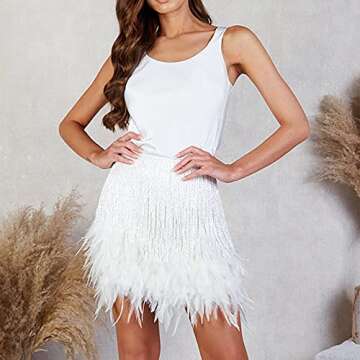 justHIGH Sale Clearance, Today Deals Prime Women's 2 Piece Tassel Feather Sequin Skirt with Sleevele...