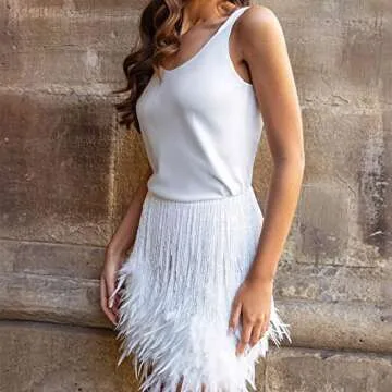 justHIGH Sale Clearance, Today Deals Prime Women's 2 Piece Tassel Feather Sequin Skirt with Sleeveless Tank Top Set for Party Club Nightout Cocktail White