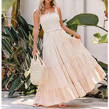 R.Vivimos Women's Summer Cotton Adjustable Straps Boho Stripe Casual Flowy A Line Midi Dress with Po...