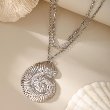 ALRNBY Layered Shell Necklace for Women Silver Pendant