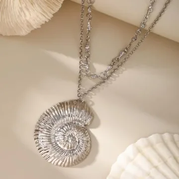 ALRNBY Layered Shell Necklace for Women Silver Pendant