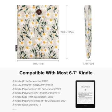 MoKo 6-7" Embroidered Daisy Padded Sleeve Pouch for Kindle 11/10/8th Gen, Kindle Paperwhite 11th/10t...