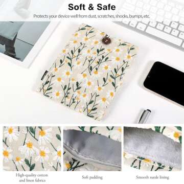 MoKo 6-7" Embroidered Daisy Padded Sleeve Pouch for Kindle 11/10/8th Gen, Kindle Paperwhite 11th/10th Gen, 7" Kindle Colorsoft Signature Edition 2024, Kindle Pouch for Voyage/Kobo eReader, Beige