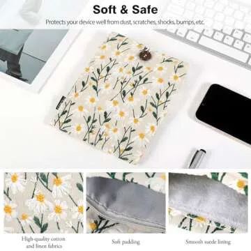 MoKo 6-7" Embroidered Daisy Padded Sleeve Pouch for Kindle 11/10/8th Gen, Kindle Paperwhite 11th/10th Gen, 7" Kindle Colorsoft Signature Edition 2024, Kindle Pouch for Voyage/Kobo eReader, Beige