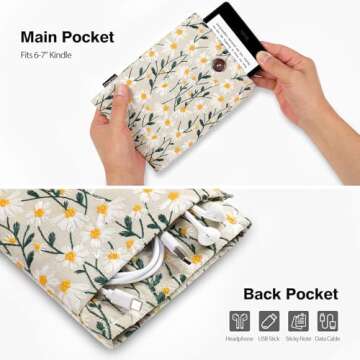 MoKo 6-7" Embroidered Daisy Padded Sleeve Pouch for Kindle 11/10/8th Gen, Kindle Paperwhite 11th/10th Gen, 7" Kindle Colorsoft Signature Edition 2024, Kindle Pouch for Voyage/Kobo eReader, Beige