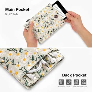MoKo 6-7" Embroidered Daisy Padded Sleeve Pouch for Kindle 11/10/8th Gen, Kindle Paperwhite 11th/10th Gen, 7" Kindle Colorsoft Signature Edition 2024, Kindle Pouch for Voyage/Kobo eReader, Beige