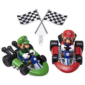 DecoSet® Mario Kart™ Cake Topper, 3 Piece Cake Decoration with Race Kart Toppers & Checkered Flag...